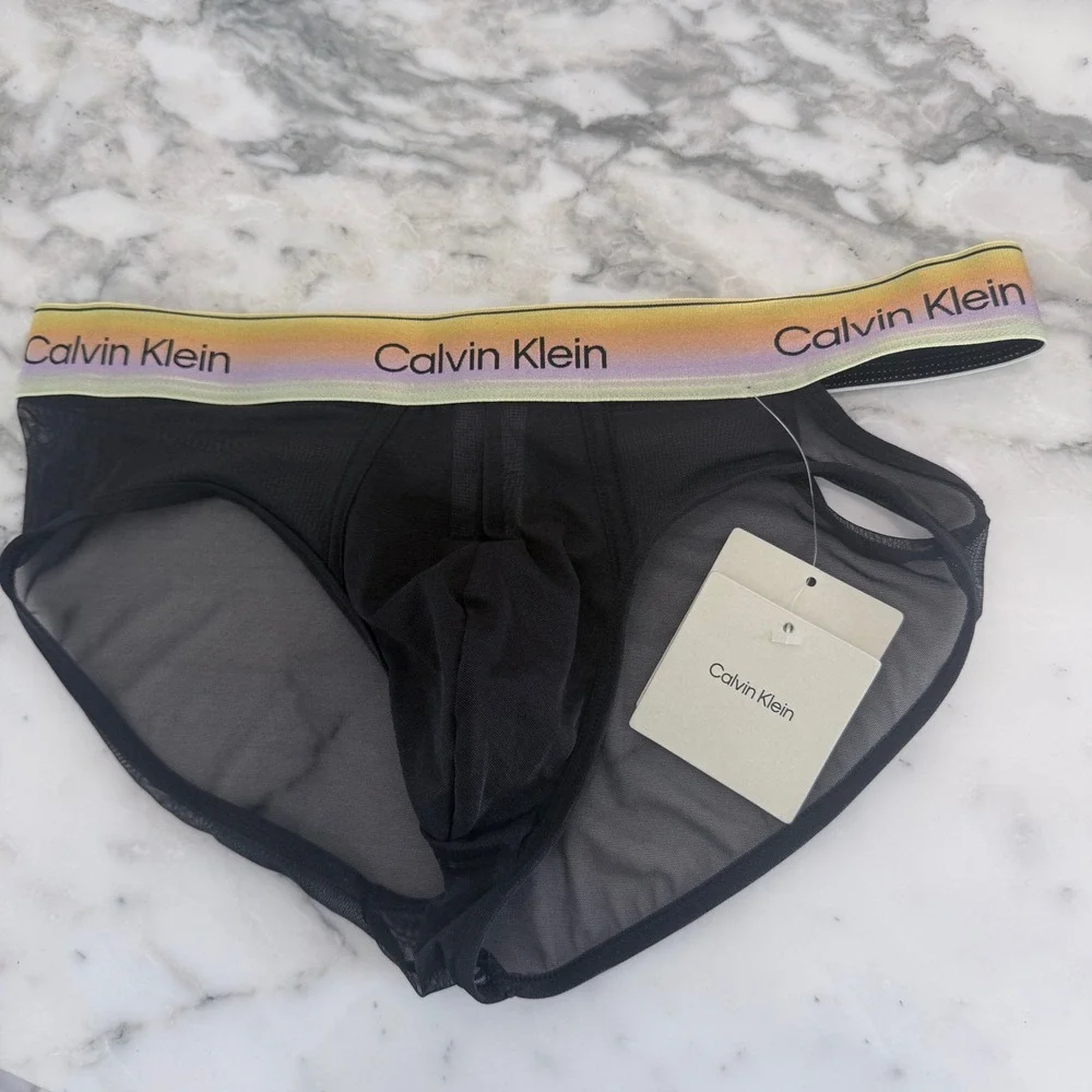 Calvin Klein Icon Mesh Pride Briefs Black Rainbow Waistband NB4594 Small